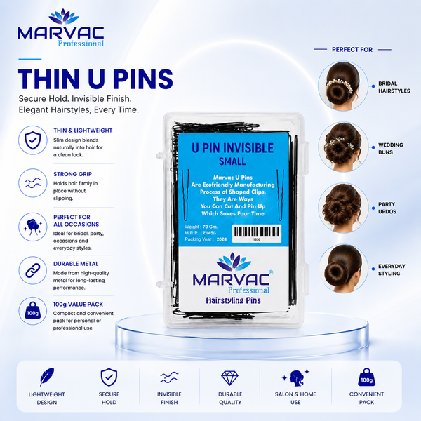 Marvac Thin U Pins 100g - Hair Pins for Bun & Bridal Hairstyles