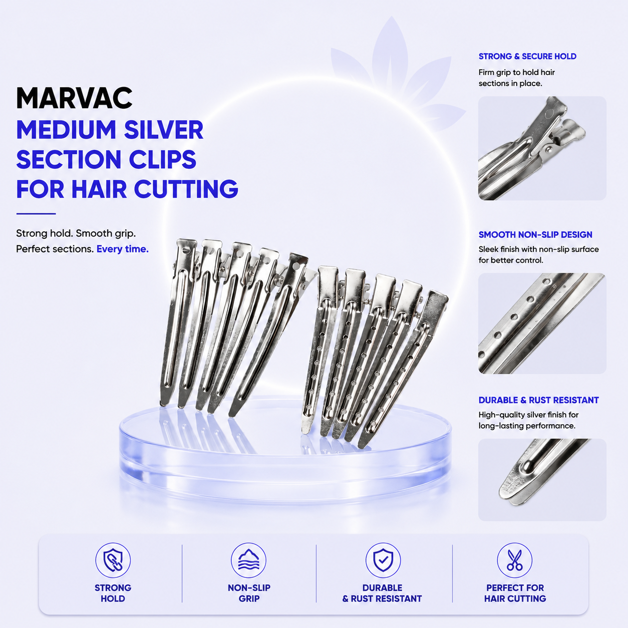 Marvac Medium Silver Section Clips for Hair Cutting - Metal Salon Clips