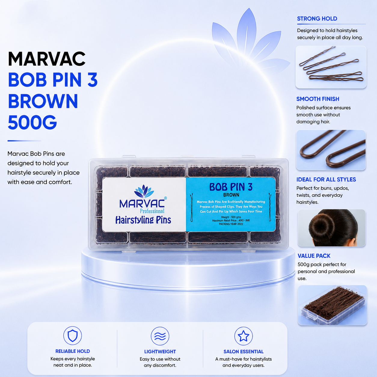 Marvac Bob Pins No.3 Big 500g - Brown Strong Hold Hair Pins