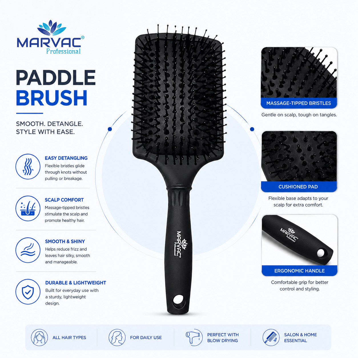 MARVAC Professional Large Paddle Hair Brush for Detangling & Styling