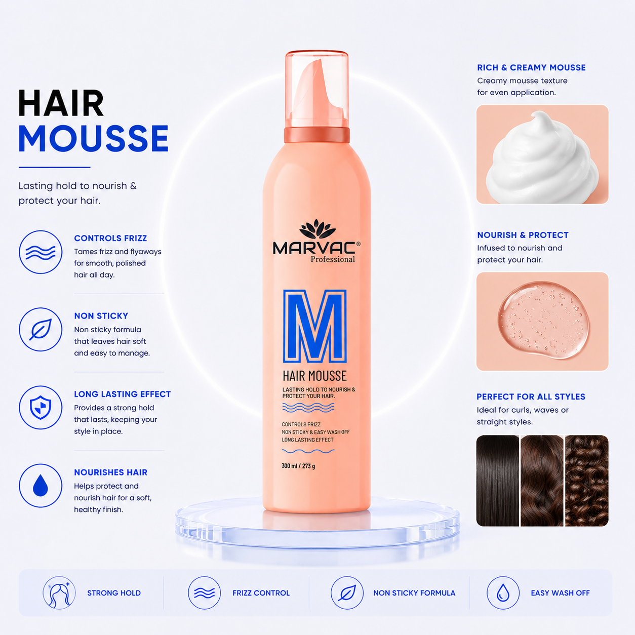 Marvac Hair Mousse 180ml - Volume & Flexible Hold Styling Foam