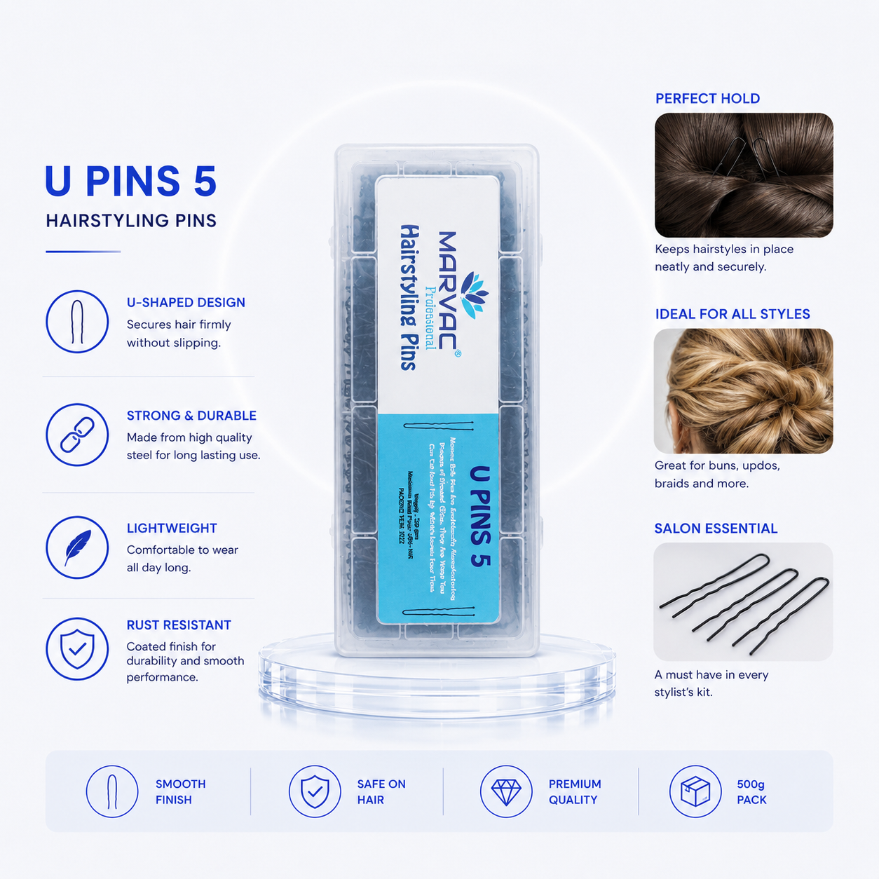 Marvac U Pins No.5 500g - Strong Hold Hair Pins for Bun