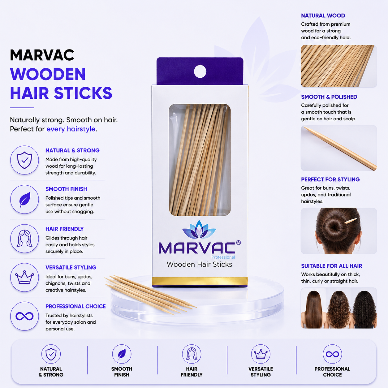 Marvac Wooden Hair Sticks Strong Hold for Bun & Updo Styling