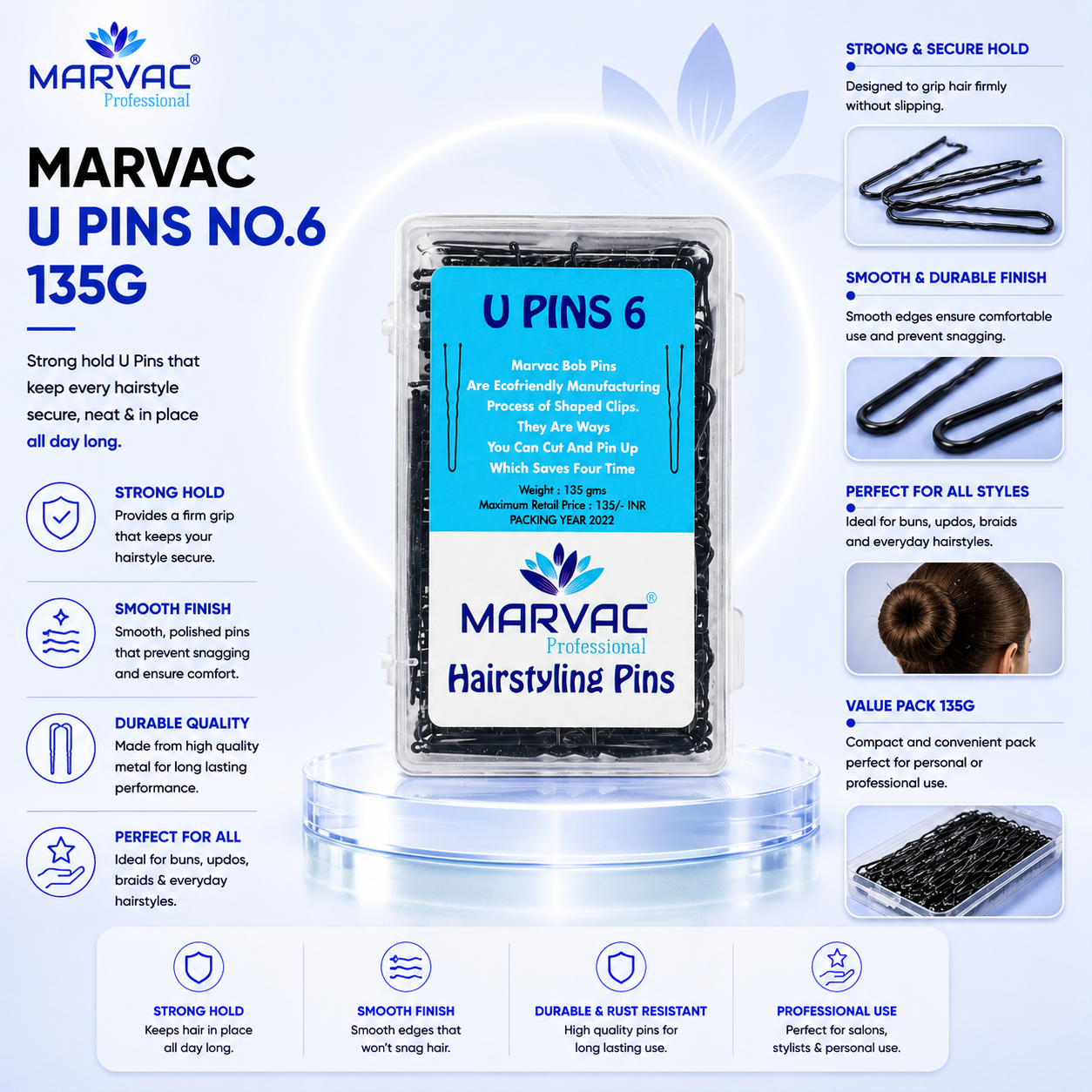 Marvac U Pins No.6 135g - Strong Hold Hair Pins for Bun