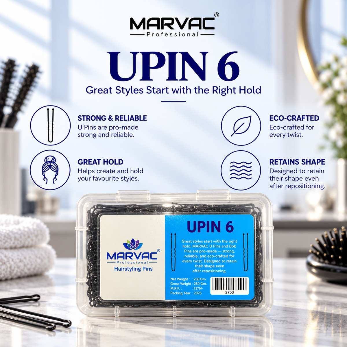 Marvac U Pin No.6 230g - Secure Hair Pins for Buns & Sleek Hairstyles