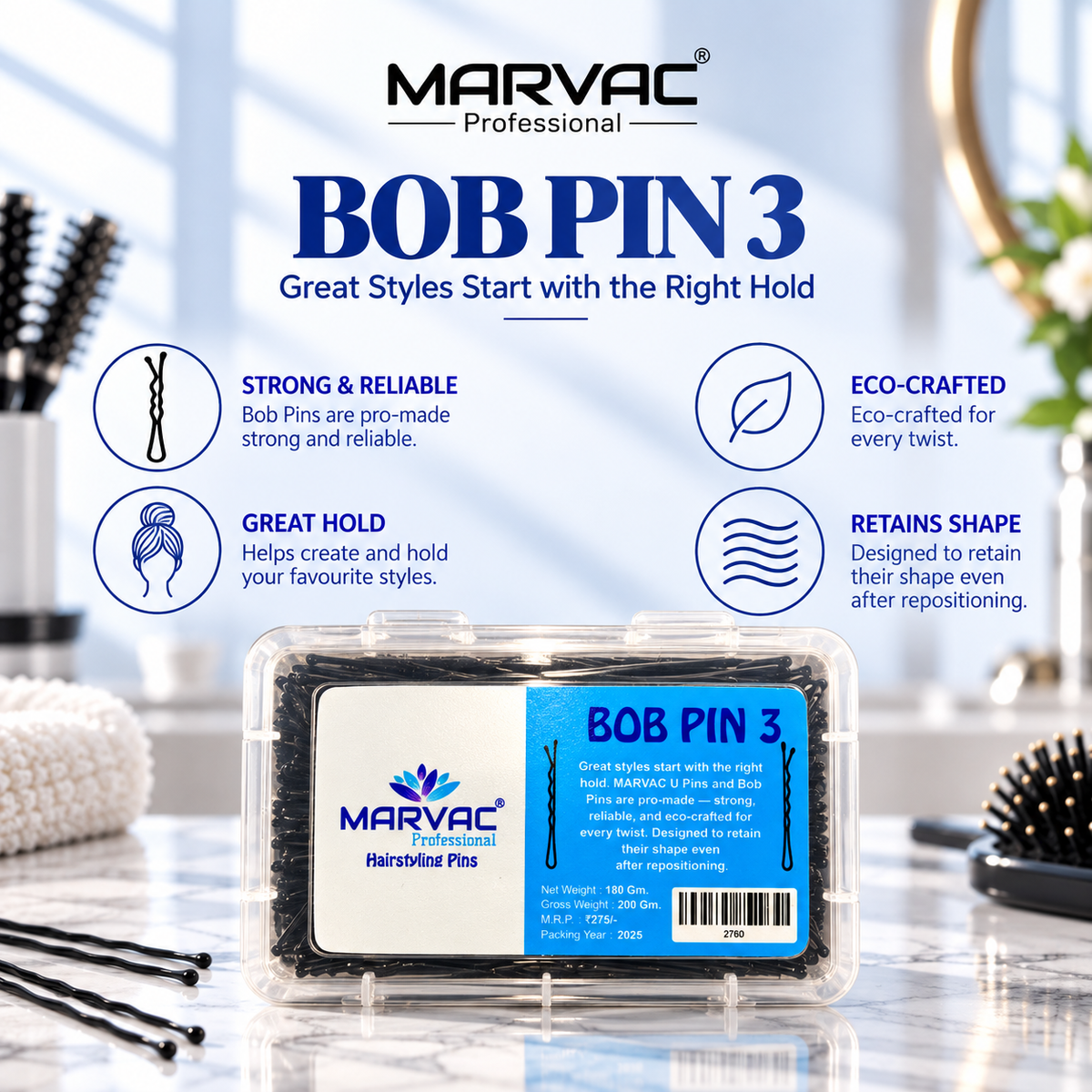 Marvac Bob Pins No.3 180g - Hair Pins for Thick & Voluminous Hairstyles