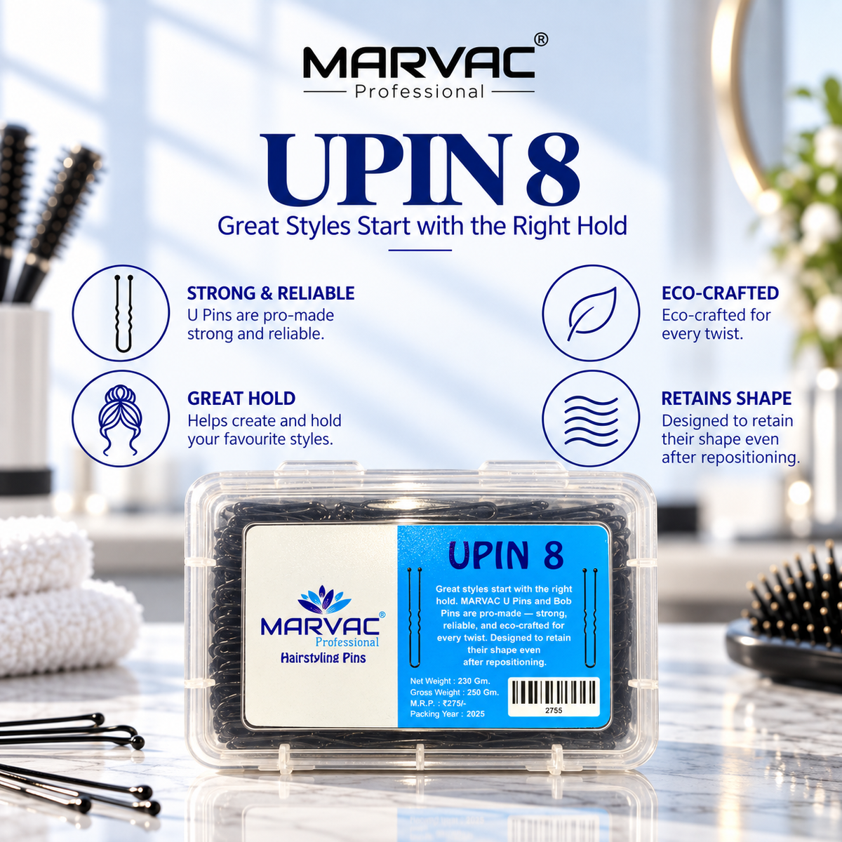 Marvac U Pin No.8 230g - Strong Hold Hair Pins for Bun & Thick Hair