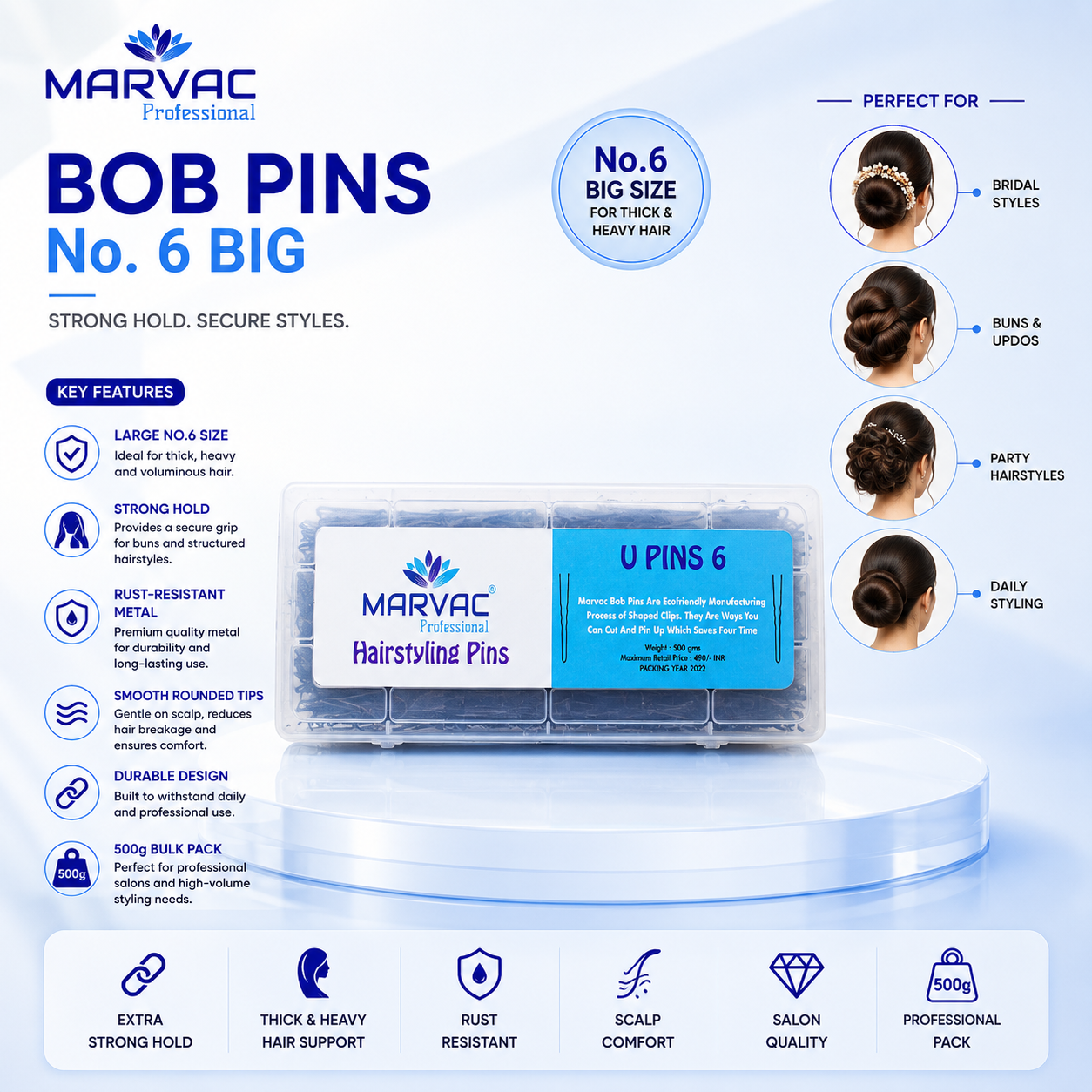 Marvac Bob Pins No.6 Big 500g - Strong Hold Hair Pins