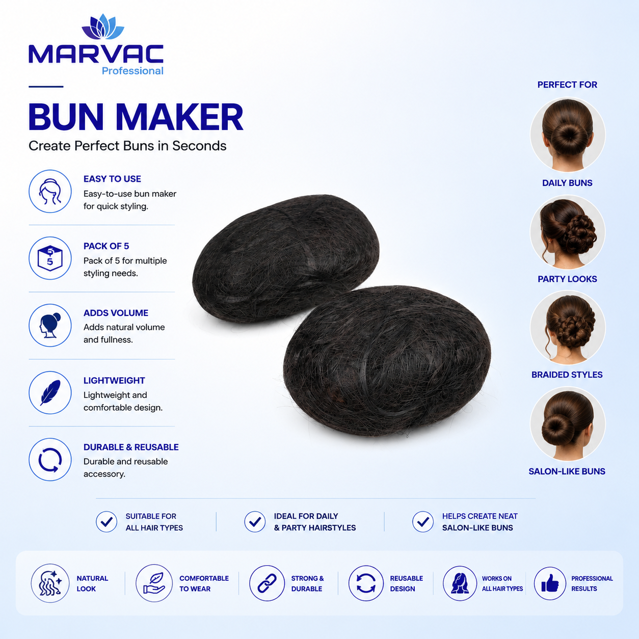 Marvac Hair Bun Maker Pack of 5 - Stuffin Bun Set