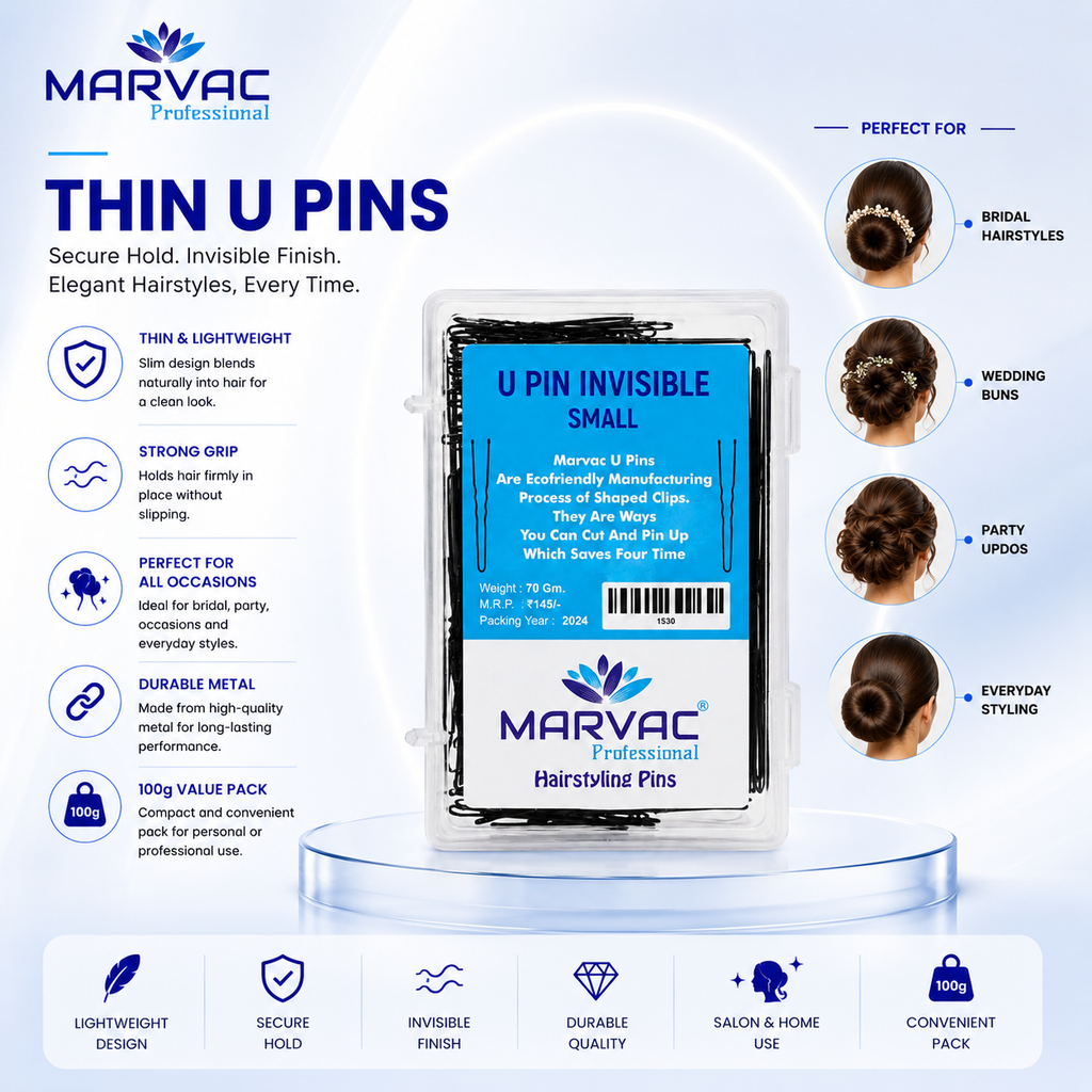 Marvac Thin U Pins 100g - Hair Pins for Bun & Bridal Hairstyles