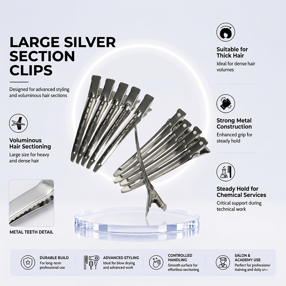 Marvac Large Silver Section Clips for Thick Hair - Strong Hold Metal Clips