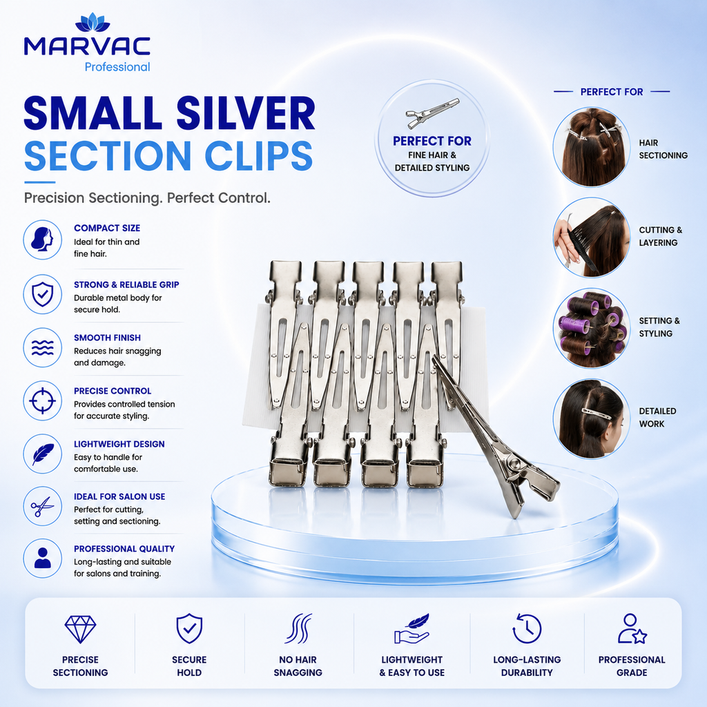 Marvac Small Silver Section Clips for Fine Hair - Metal Salon Clips
