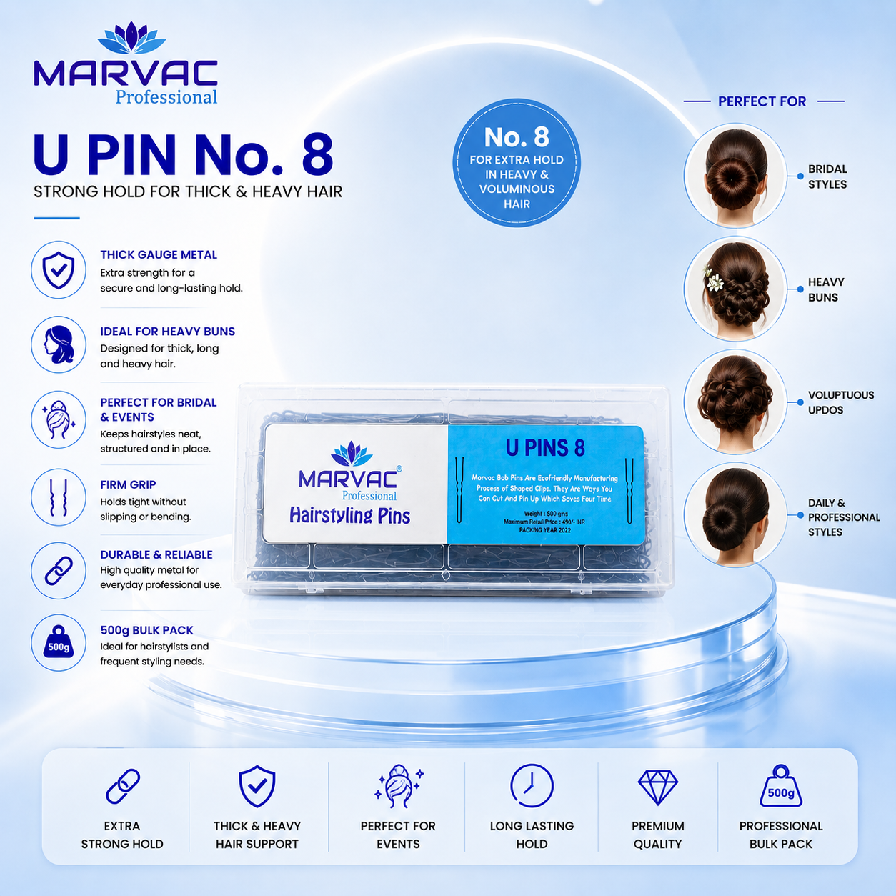 Marvac U Pin No.8 500g - Heavy Duty Hair Pins for Bun & Thick Hair
