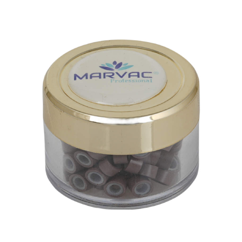Marvac Micro Rings hair extension beads in storage jar for professional hair extension application