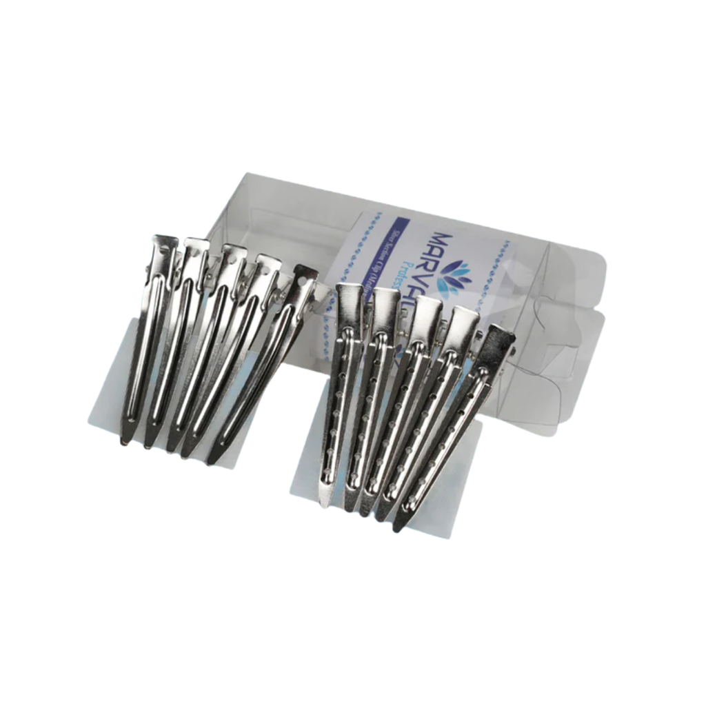 Medium silver metal hair clips used for professional hair cutting